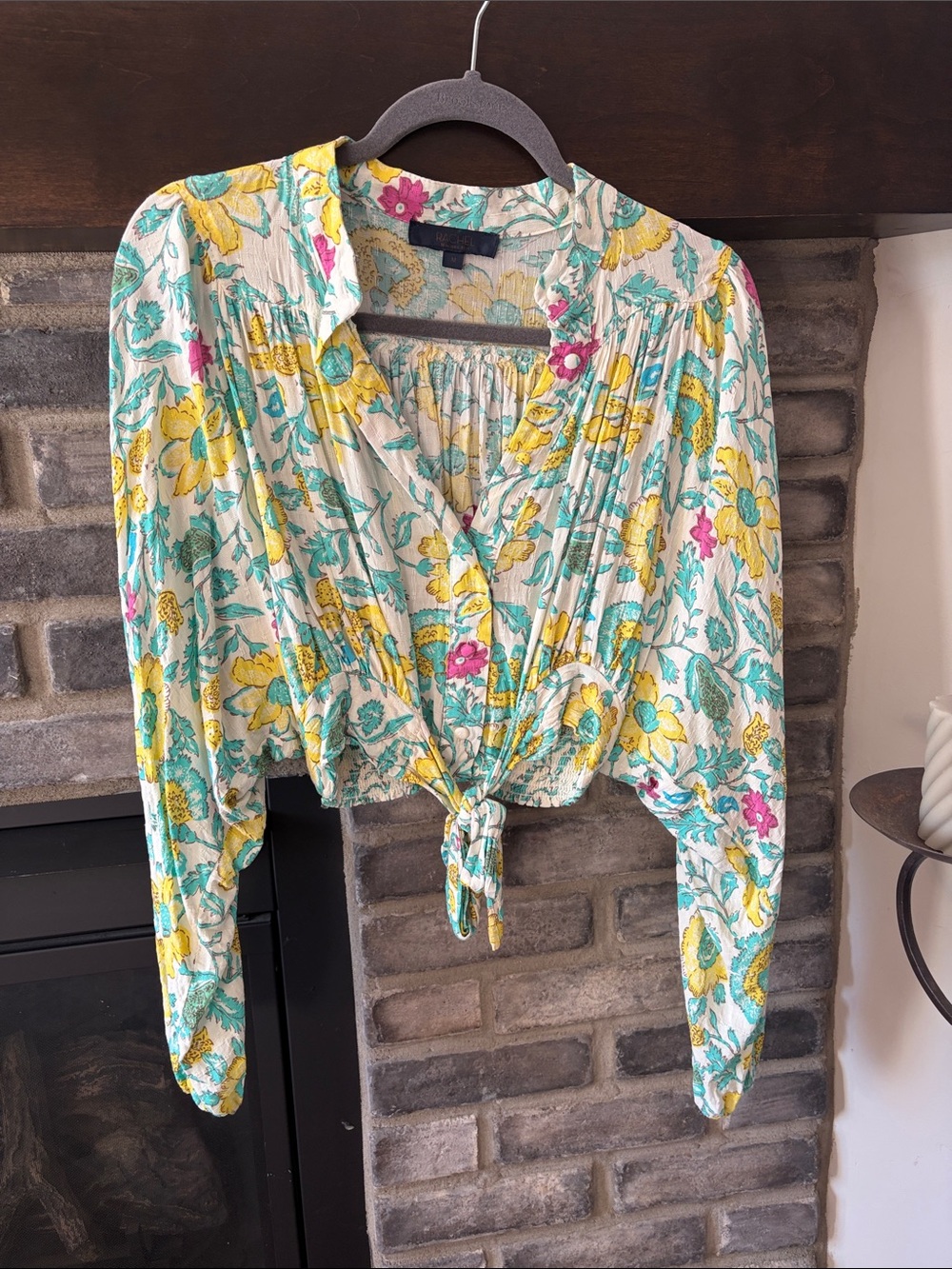 RACHEL Rachel Roy Cream Floral Tie-Front Blouse with Yellow & Teal Accents